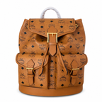 MCM Aren Backpack in Cognac Visetos – Drawstring Flap Buckle Monogram Backpack, 31.5x29x13cm
