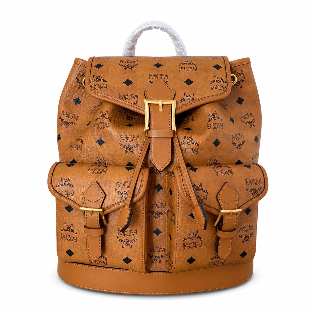 MCM Aren Backpack in Cognac Visetos – Drawstring Flap Buckle Monogram Backpack, 31.5x29x13cm