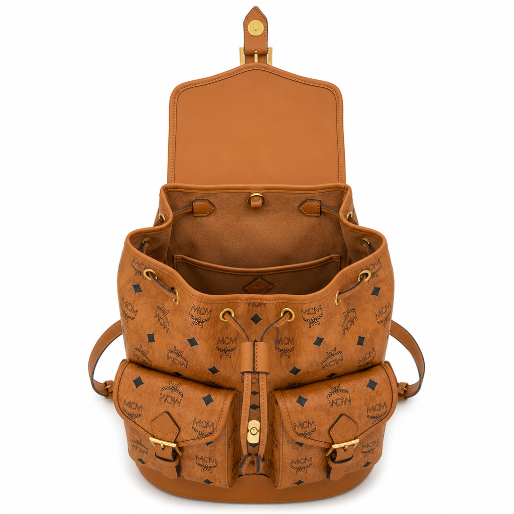 MCM Aren Backpack in Cognac Visetos – Drawstring Flap Buckle Monogram Backpack, 31.5x29x13cm