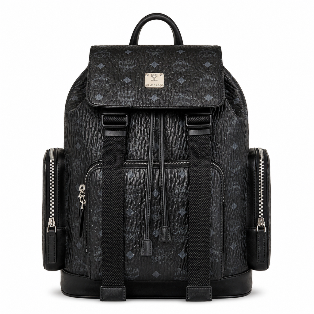 MCM Small Brandenburg Backpack in Black Visetos – Drawstring Flap Monogram Backpack with Silver Hardware, 28x38x13cm