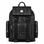 MCM Small Brandenburg Backpack in Black Visetos – Drawstring Flap Monogram Backpack with Silver Hardware, 28x38x13cm