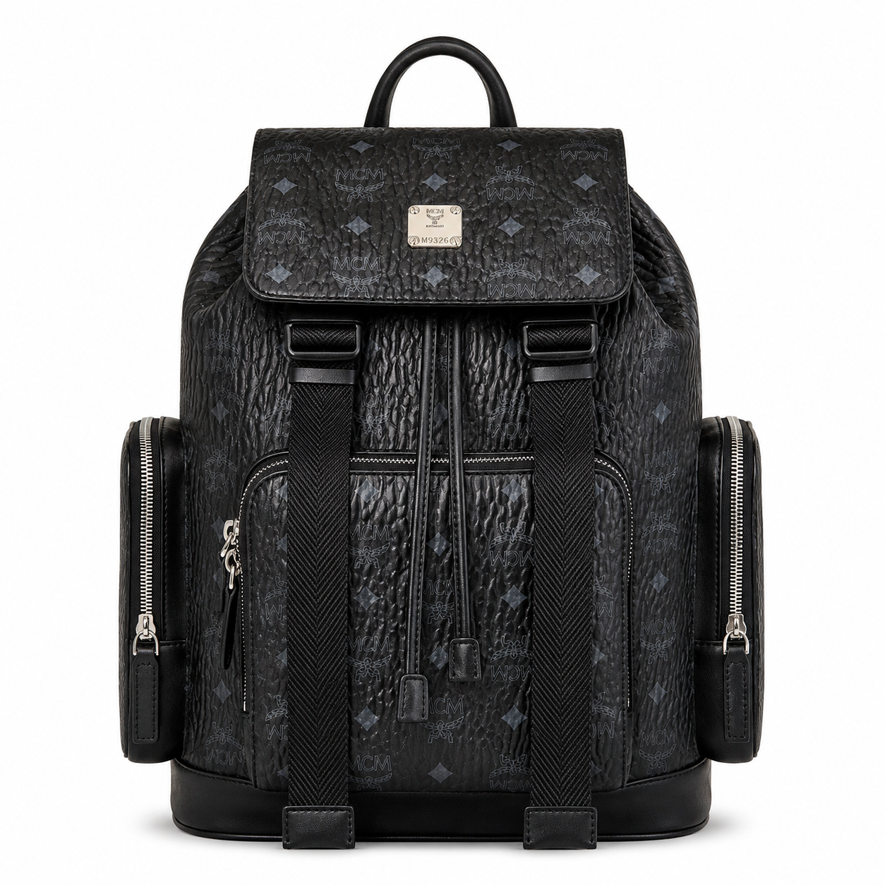 MCM Small Brandenburg Backpack in Black Visetos – Drawstring Flap Monogram Backpack with Silver Hardware, 28x38x13cm