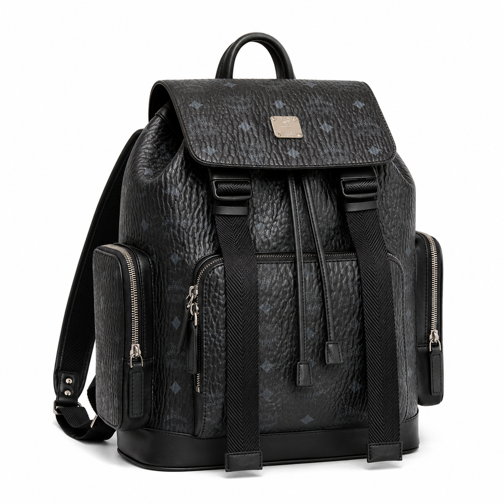 MCM Small Brandenburg Backpack in Black Visetos – Drawstring Flap Monogram Backpack with Silver Hardware, 28x38x13cm