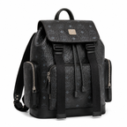 MCM Small Brandenburg Backpack in Black Visetos – Drawstring Flap Monogram Backpack with Silver Hardware, 28x38x13cm