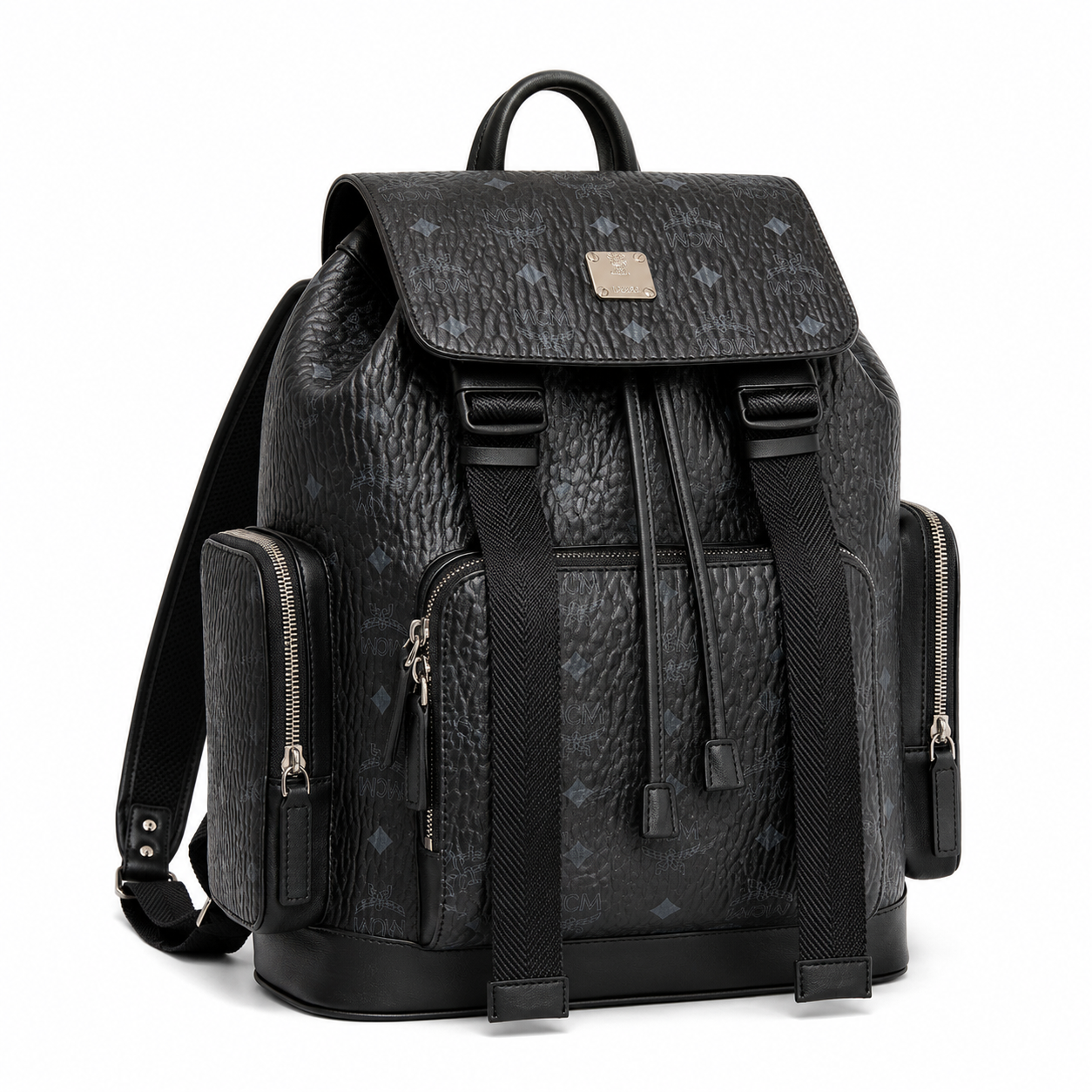 MCM Small Brandenburg Backpack in Black Visetos – Drawstring Flap Monogram Backpack with Silver Hardware, 28x38x13cm
