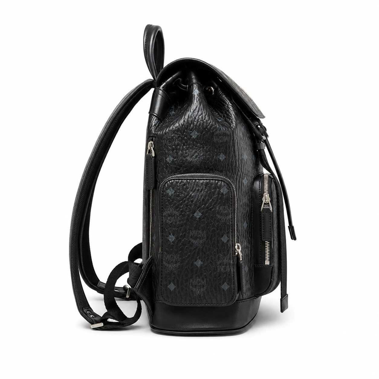MCM Small Brandenburg Backpack in Black Visetos – Drawstring Flap Monogram Backpack with Silver Hardware, 28x38x13cm