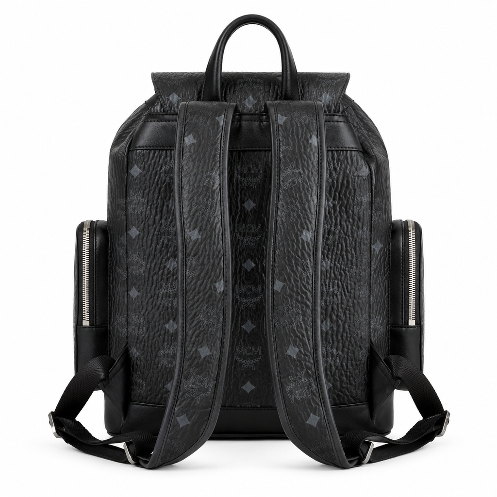MCM Small Brandenburg Backpack in Black Visetos – Drawstring Flap Monogram Backpack with Silver Hardware, 28x38x13cm