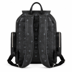 MCM Small Brandenburg Backpack in Black Visetos – Drawstring Flap Monogram Backpack with Silver Hardware, 28x38x13cm