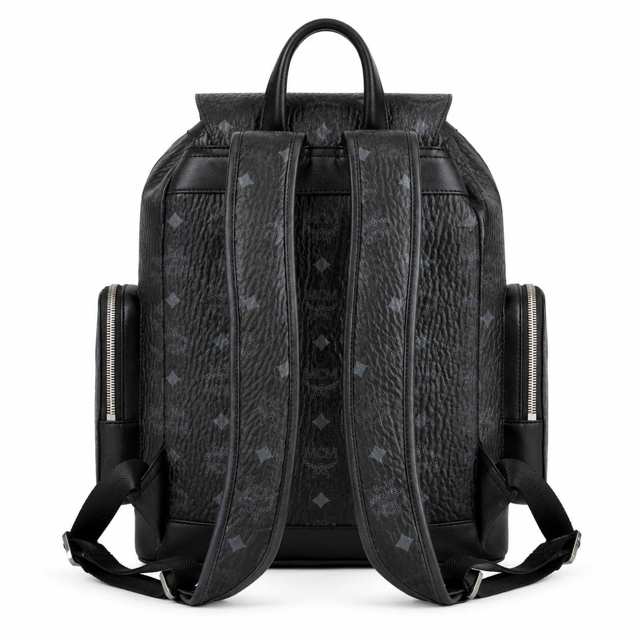 MCM Small Brandenburg Backpack in Black Visetos – Drawstring Flap Monogram Backpack with Silver Hardware, 28x38x13cm