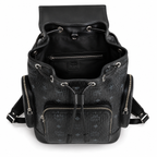 MCM Small Brandenburg Backpack in Black Visetos – Drawstring Flap Monogram Backpack with Silver Hardware, 28x38x13cm