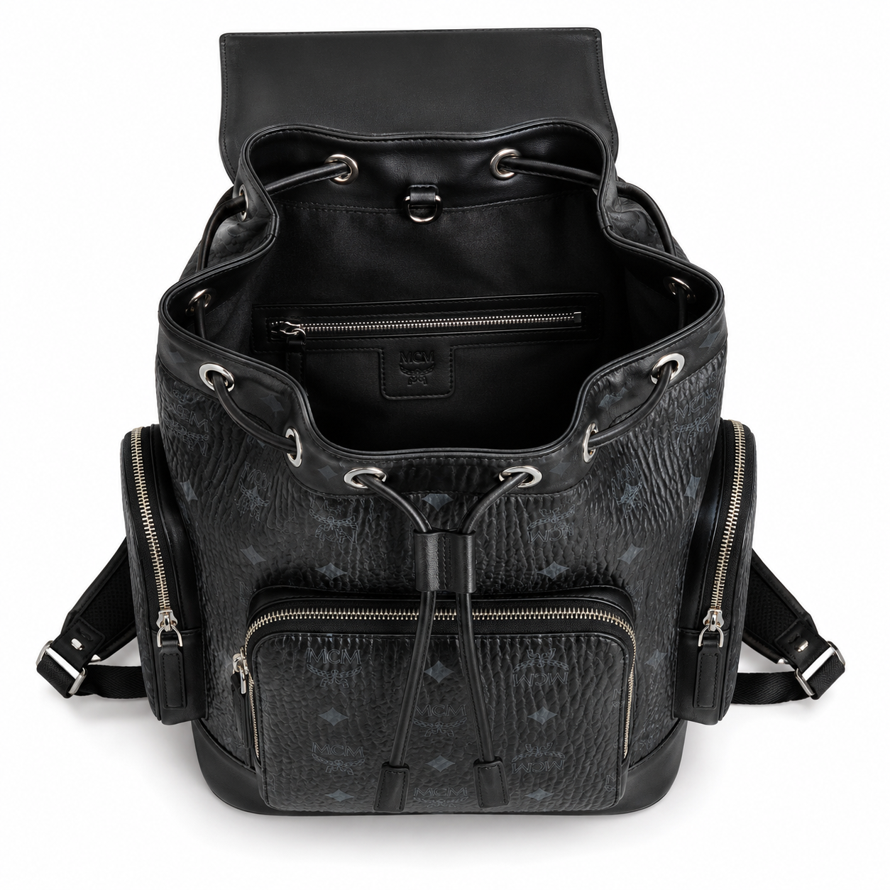 MCM Small Brandenburg Backpack in Black Visetos – Drawstring Flap Monogram Backpack with Silver Hardware, 28x38x13cm