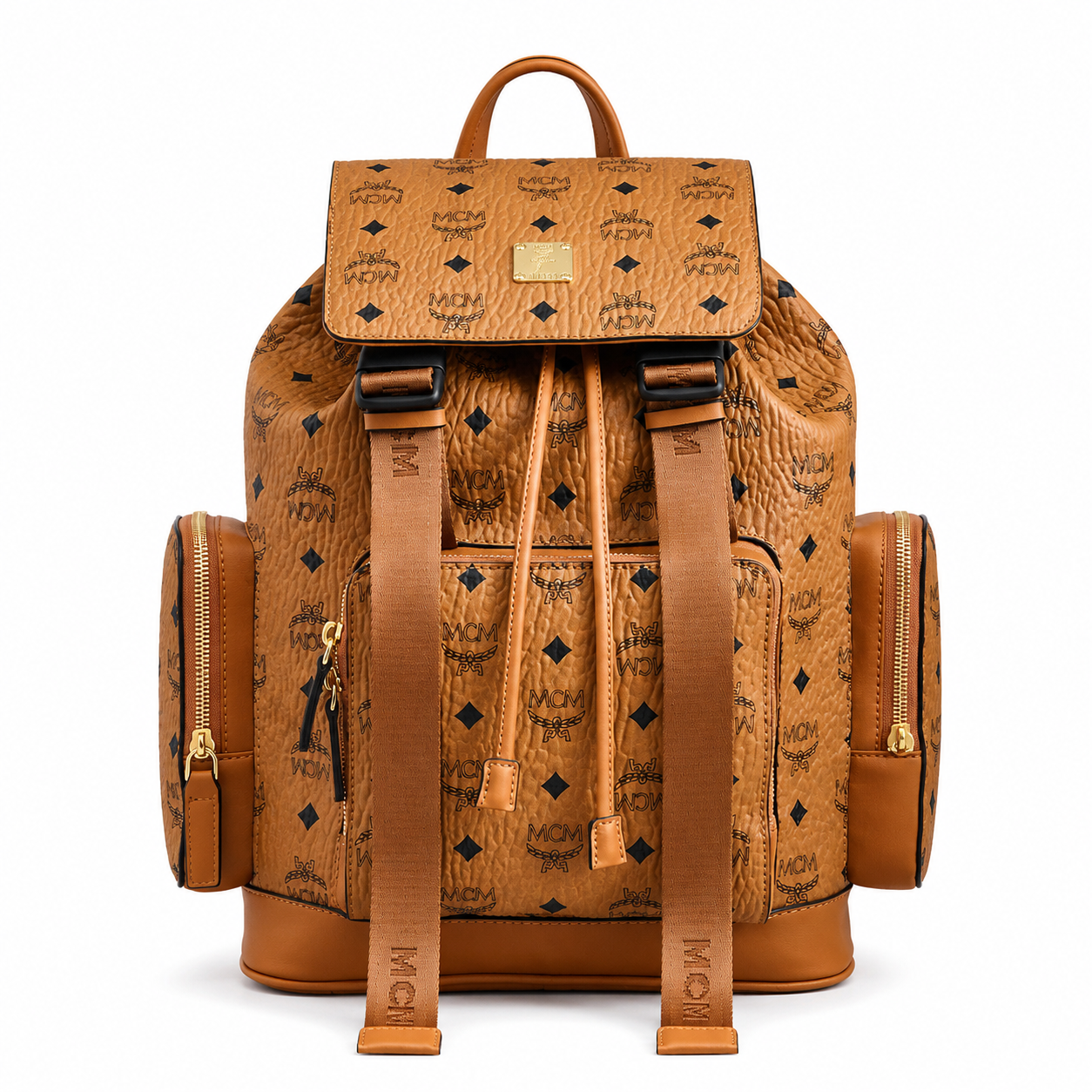 MCM Small Brandenburg Backpack in Cognac Visetos – Drawstring Flap Monogram Backpack with Gold Hardware, 28x38x13cm