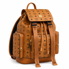MCM Small Brandenburg Backpack in Cognac Visetos – Drawstring Flap Monogram Backpack with Gold Hardware, 28x38x13cm