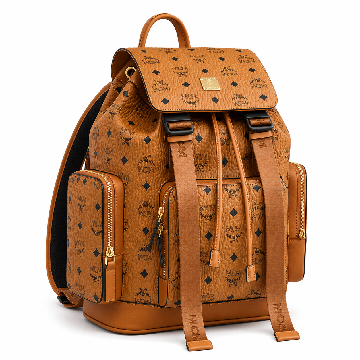 MCM Small Brandenburg Backpack in Cognac Visetos – Drawstring Flap Monogram Backpack with Gold Hardware, 28x38x13cm