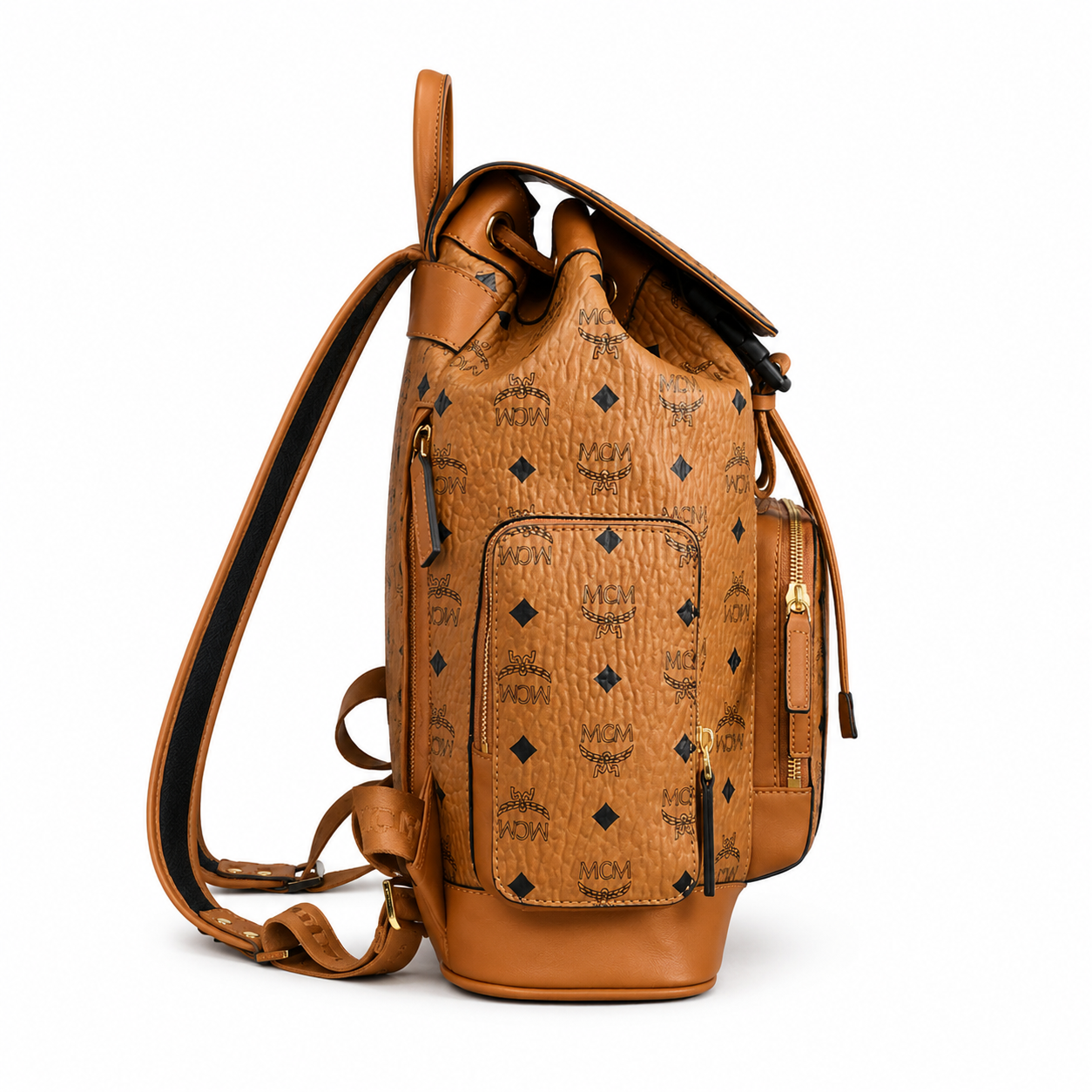MCM Small Brandenburg Backpack in Cognac Visetos – Drawstring Flap Monogram Backpack with Gold Hardware, 28x38x13cm