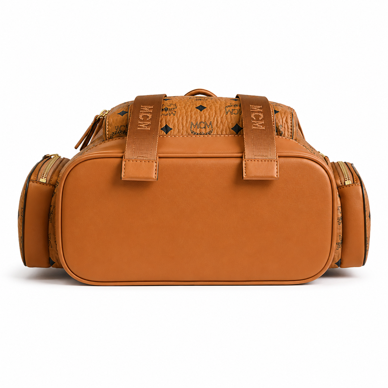 MCM Small Brandenburg Backpack in Cognac Visetos – Drawstring Flap Monogram Backpack with Gold Hardware, 28x38x13cm