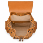 MCM Small Brandenburg Backpack in Cognac Visetos – Drawstring Flap Monogram Backpack with Gold Hardware, 28x38x13cm