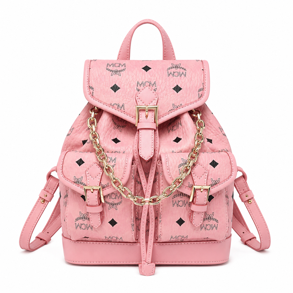 MCM Aren Mini Drawstring Chain Backpack in Peach Pink Visetos – Signature Monogram with Gold Chain Detail