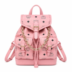 MCM Aren Mini Drawstring Chain Backpack in Peach Pink Visetos – Signature Monogram with Gold Chain Detail