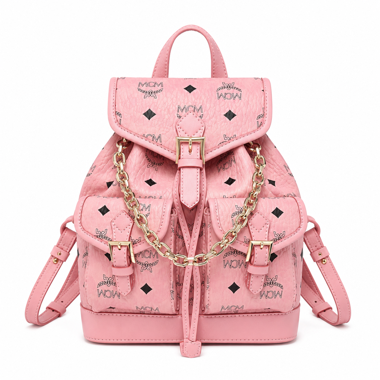 MCM Aren Mini Drawstring Chain Backpack in Peach Pink Visetos – Signature Monogram with Gold Chain Detail