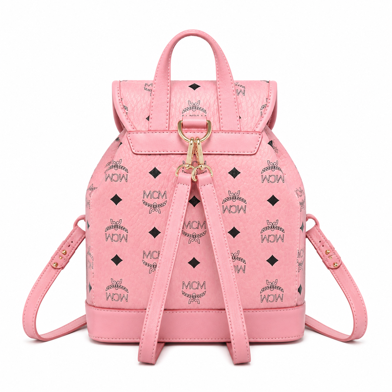 MCM Aren Mini Drawstring Chain Backpack in Peach Pink Visetos – Signature Monogram with Gold Chain Detail
