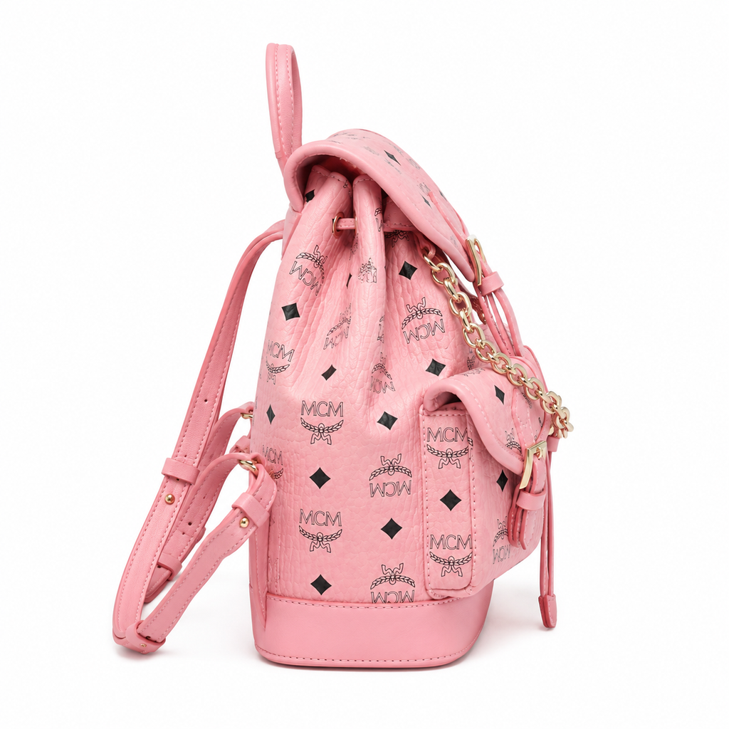 MCM Aren Mini Drawstring Chain Backpack in Peach Pink Visetos – Signature Monogram with Gold Chain Detail
