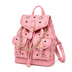 MCM Aren Mini Drawstring Chain Backpack in Peach Pink Visetos – Signature Monogram with Gold Chain Detail