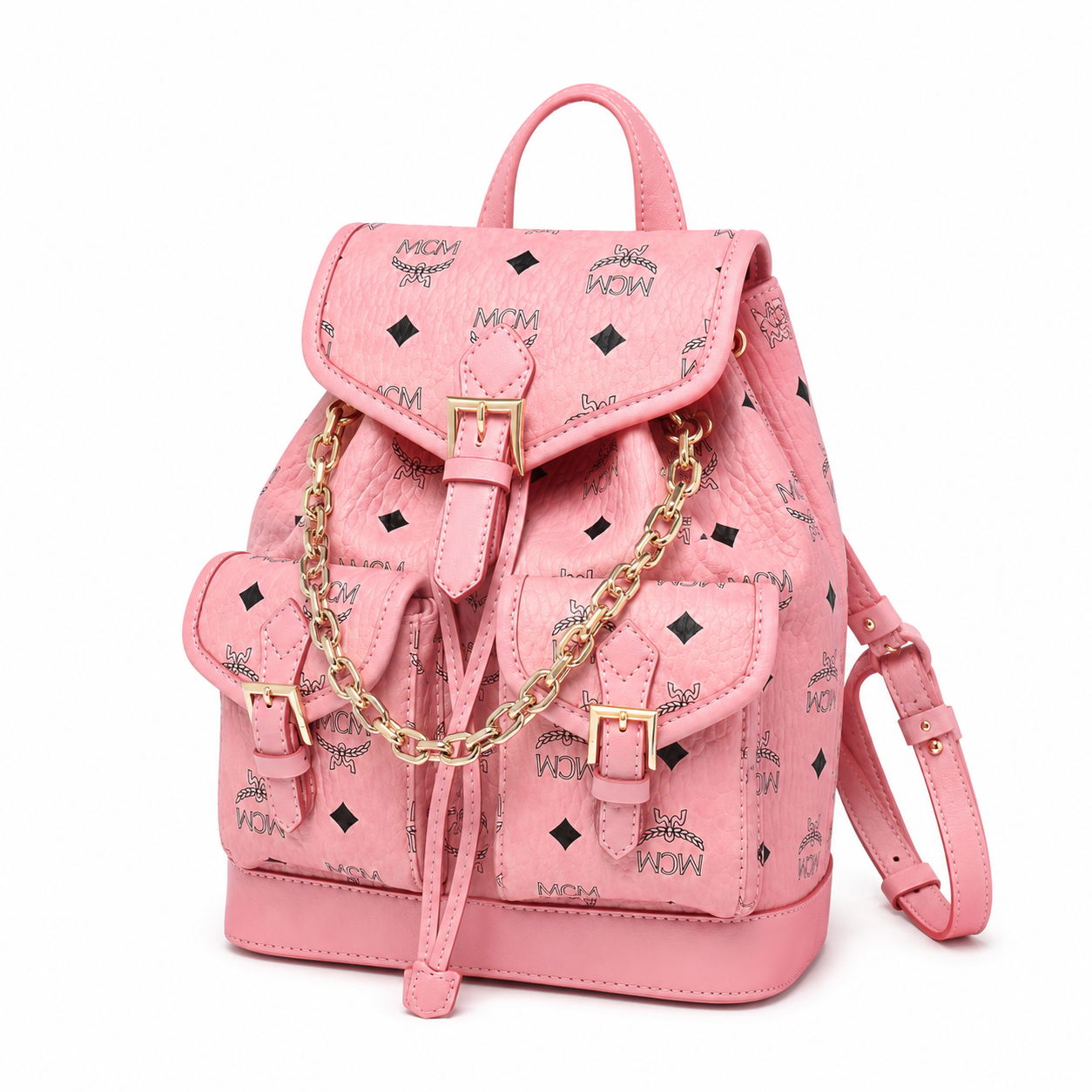 MCM Aren Mini Drawstring Chain Backpack in Peach Pink Visetos – Signature Monogram with Gold Chain Detail