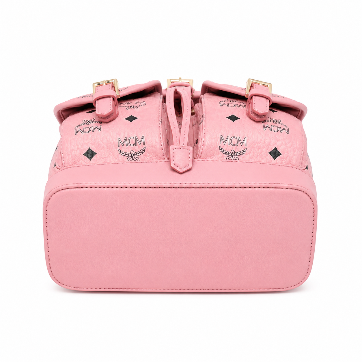 MCM Aren Mini Drawstring Chain Backpack in Peach Pink Visetos – Signature Monogram with Gold Chain Detail