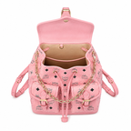 MCM Aren Mini Drawstring Chain Backpack in Peach Pink Visetos – Signature Monogram with Gold Chain Detail