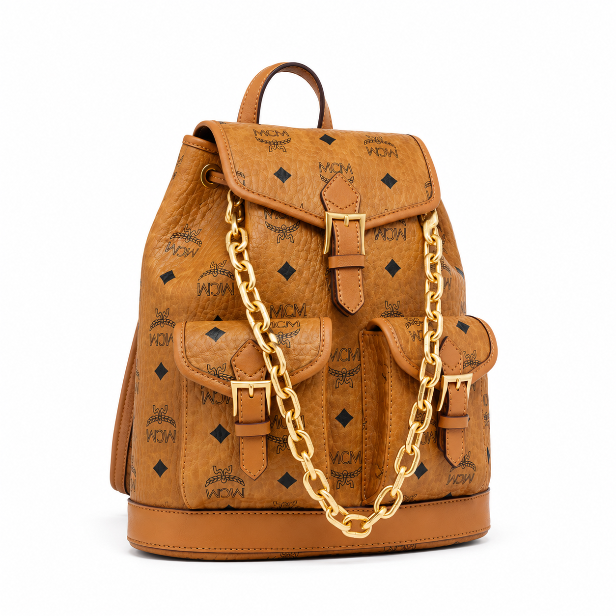 MCM Aren Mini Drawstring Chain Backpack in Cognac Visetos – Signature Monogram with Gold Chain Detail