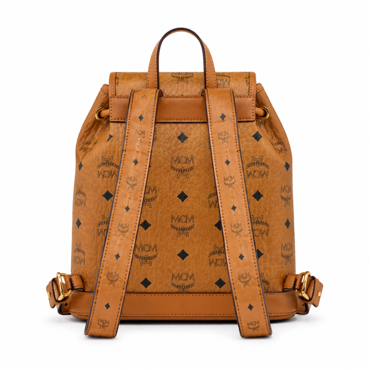 MCM Aren Mini Drawstring Chain Backpack in Cognac Visetos – Signature Monogram with Gold Chain Detail