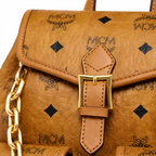 MCM Aren Mini Drawstring Chain Backpack in Cognac Visetos – Signature Monogram with Gold Chain Detail