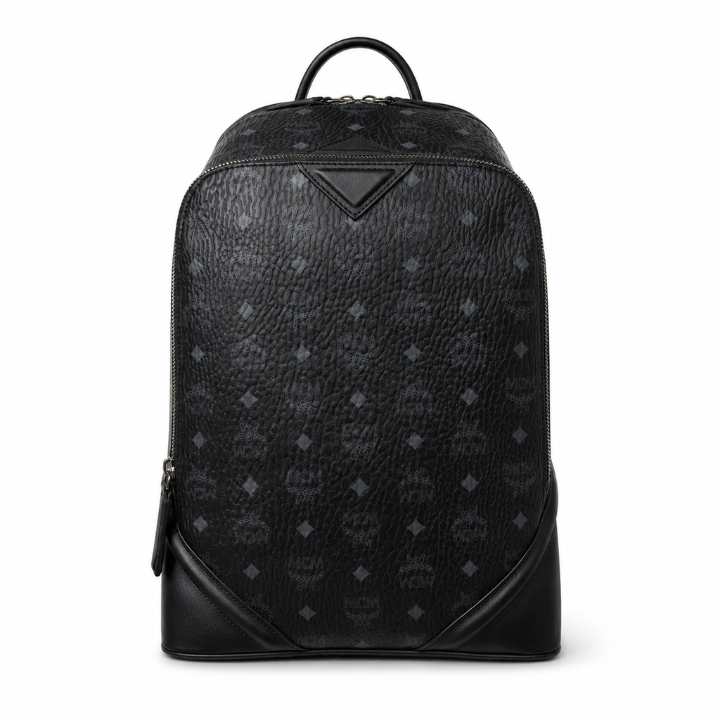 MCM Stark Medium Backpack in All-Black Visetos – Classic Monogram Backpack with Triangle Logo, Gunmetal Hardware, 42x30.5x18.5cm