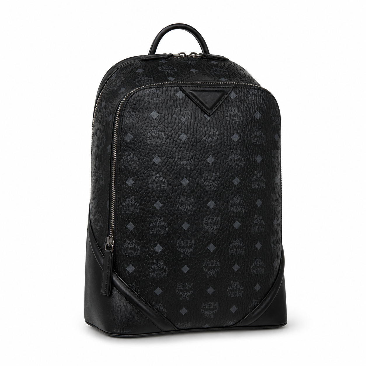 MCM Stark Medium Backpack in All-Black Visetos – Classic Monogram Backpack with Triangle Logo, Gunmetal Hardware, 42x30.5x18.5cm