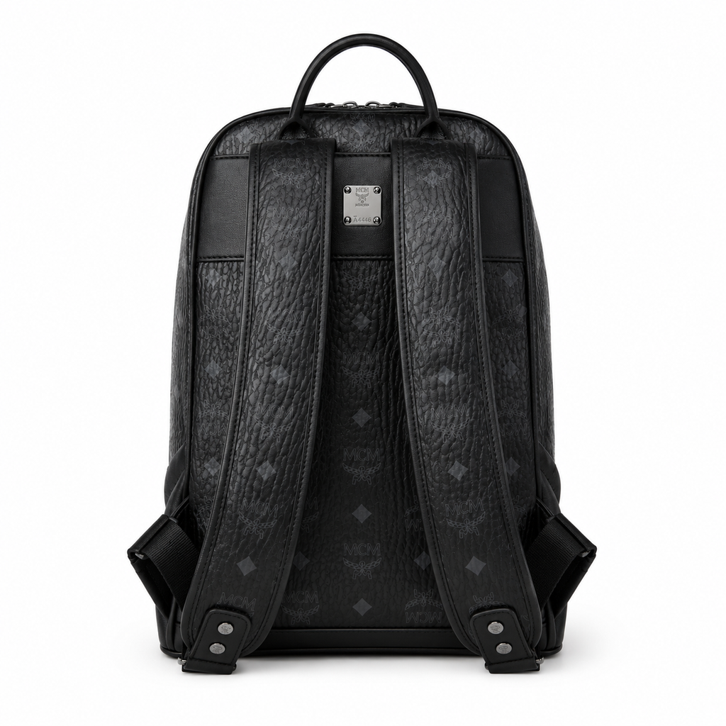 MCM Stark Medium Backpack in All-Black Visetos – Classic Monogram Backpack with Triangle Logo, Gunmetal Hardware, 42x30.5x18.5cm