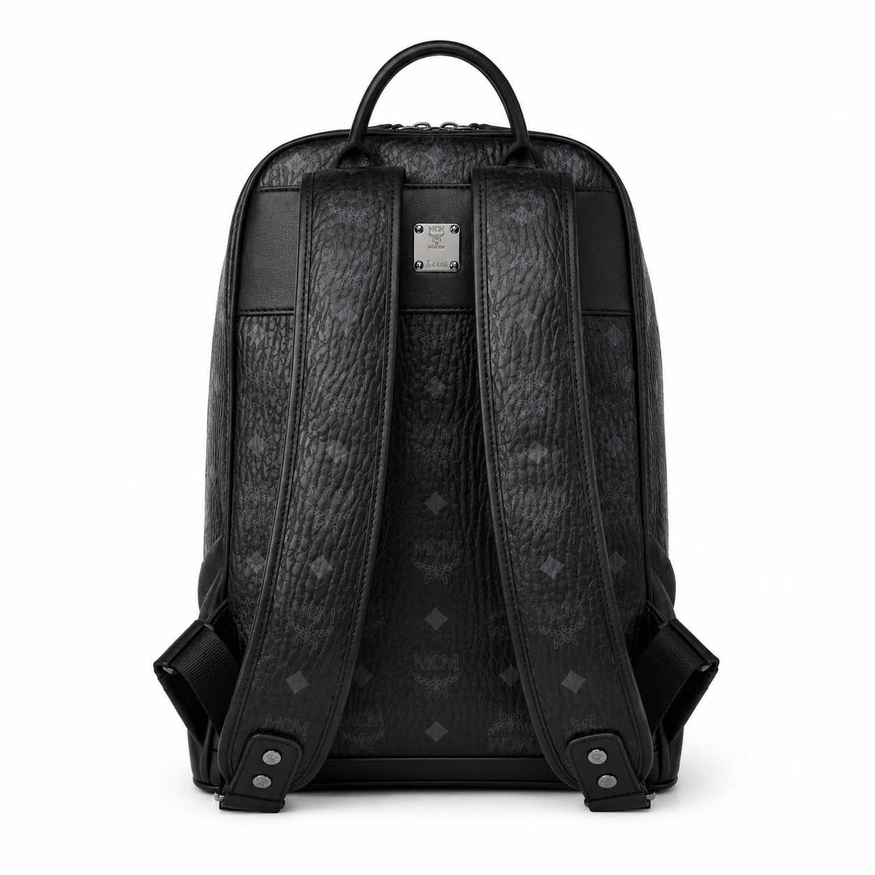 MCM Stark Medium Backpack in All-Black Visetos – Classic Monogram Backpack with Triangle Logo, Gunmetal Hardware, 42x30.5x18.5cm