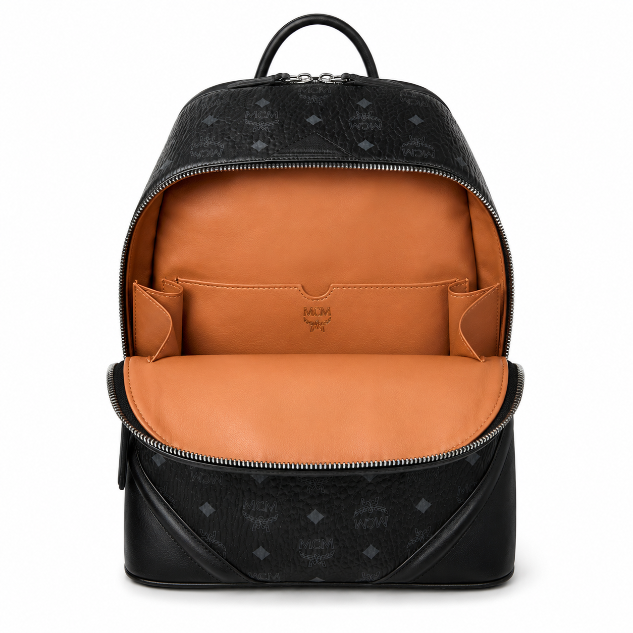 MCM Stark Medium Backpack in All-Black Visetos – Classic Monogram Backpack with Triangle Logo, Gunmetal Hardware, 42x30.5x18.5cm