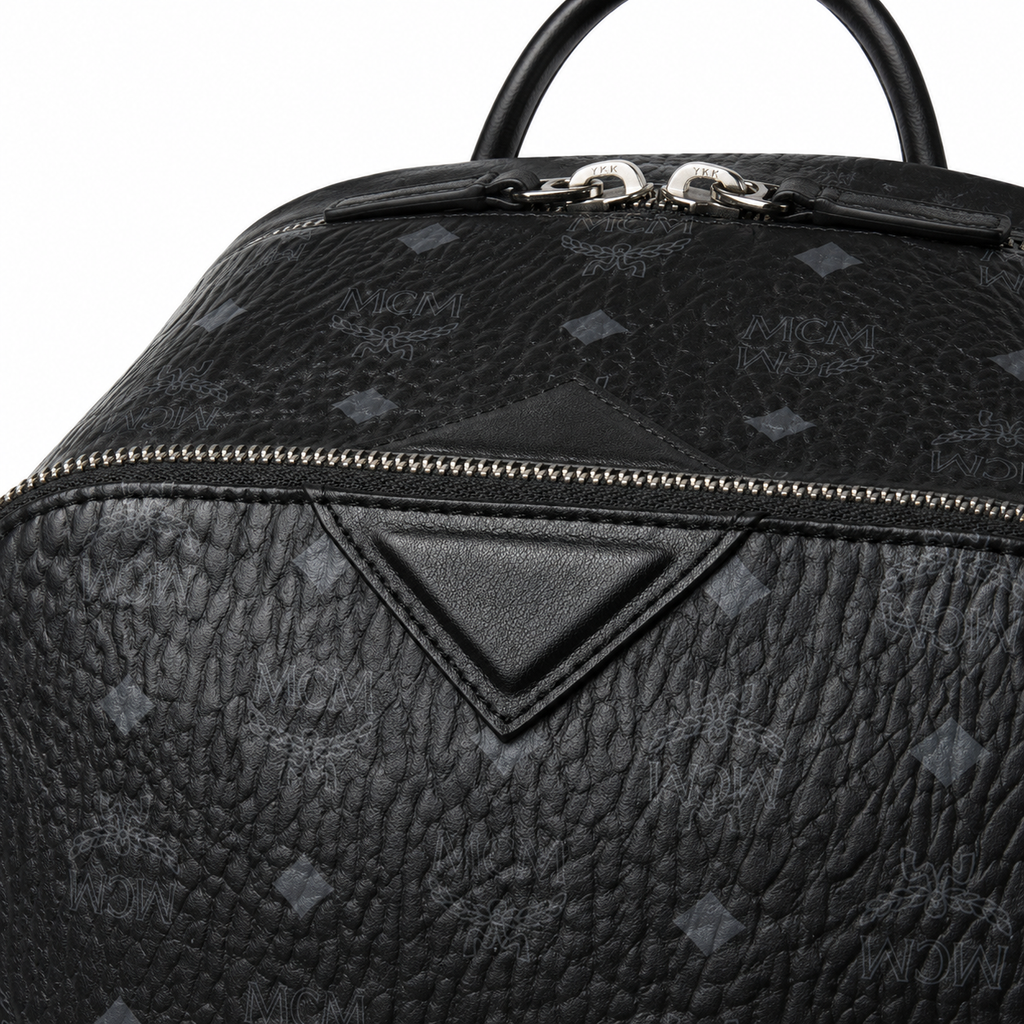 MCM Stark Medium Backpack in All-Black Visetos – Classic Monogram Backpack with Triangle Logo, Gunmetal Hardware, 42x30.5x18.5cm