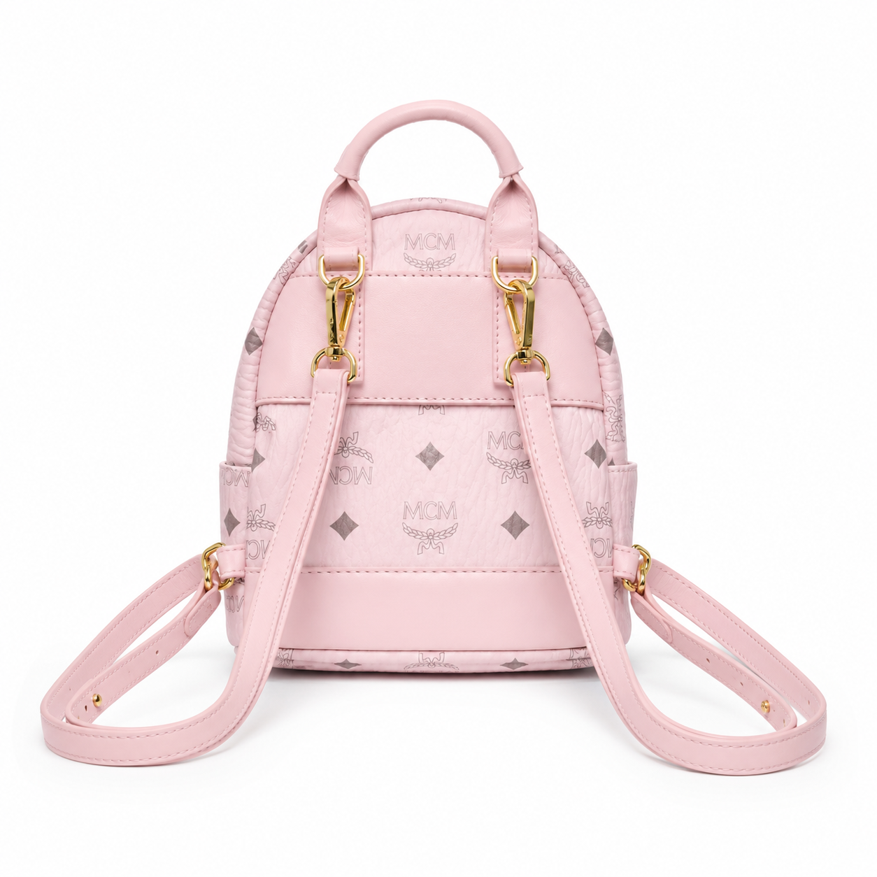 MCM Mini Stark Backpack in Blush Pink Visetos – Signature Monogram Leather Rucksack with Gold Hardware, 20x11x21cm