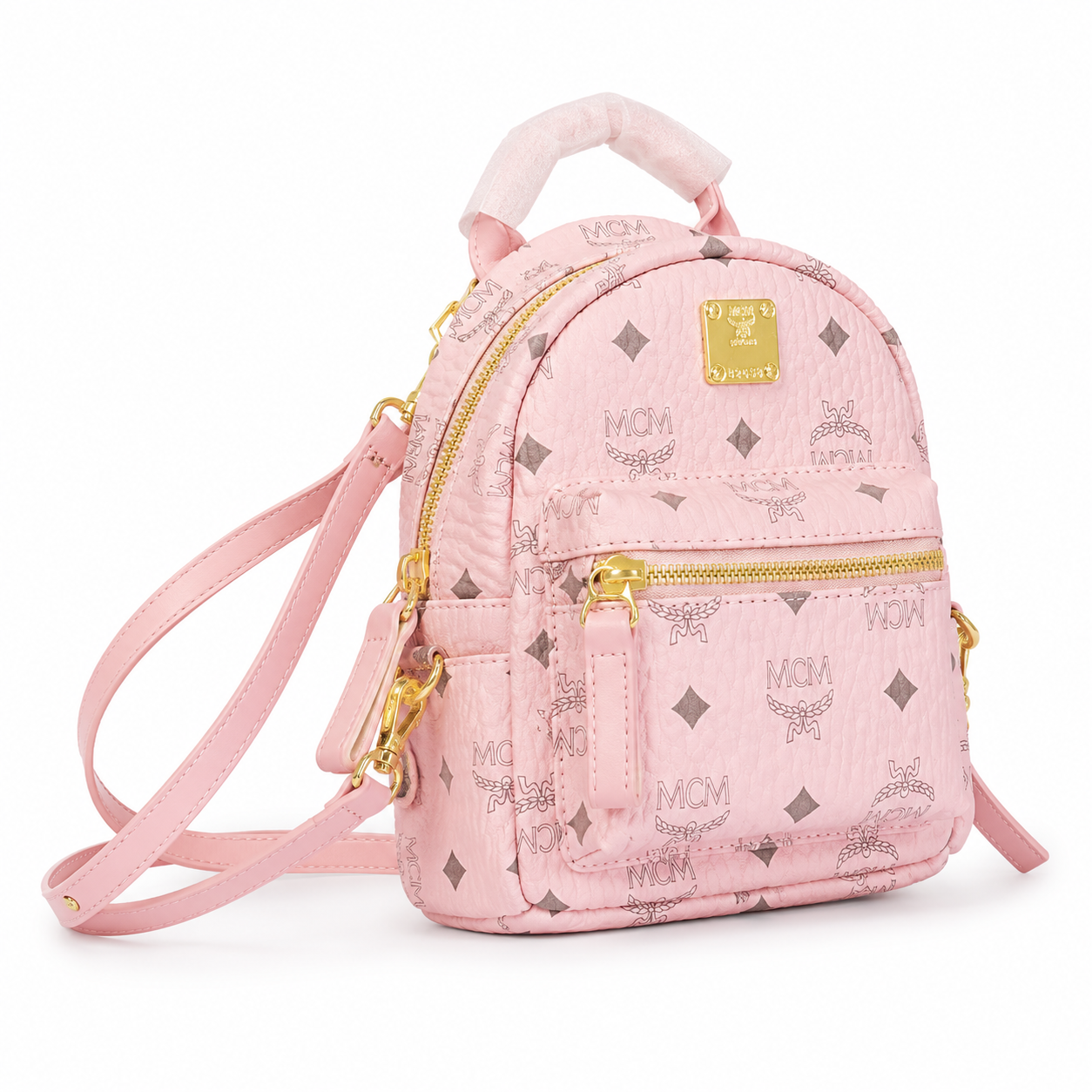 MCM Mini Stark Backpack in Blush Pink Visetos – Signature Monogram Leather Rucksack with Gold Hardware, 20x11x21cm