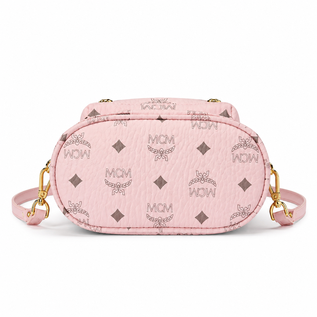 MCM Mini Stark Backpack in Blush Pink Visetos – Signature Monogram Leather Rucksack with Gold Hardware, 20x11x21cm