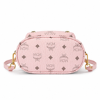 MCM Mini Stark Backpack in Blush Pink Visetos – Signature Monogram Leather Rucksack with Gold Hardware, 20x11x21cm