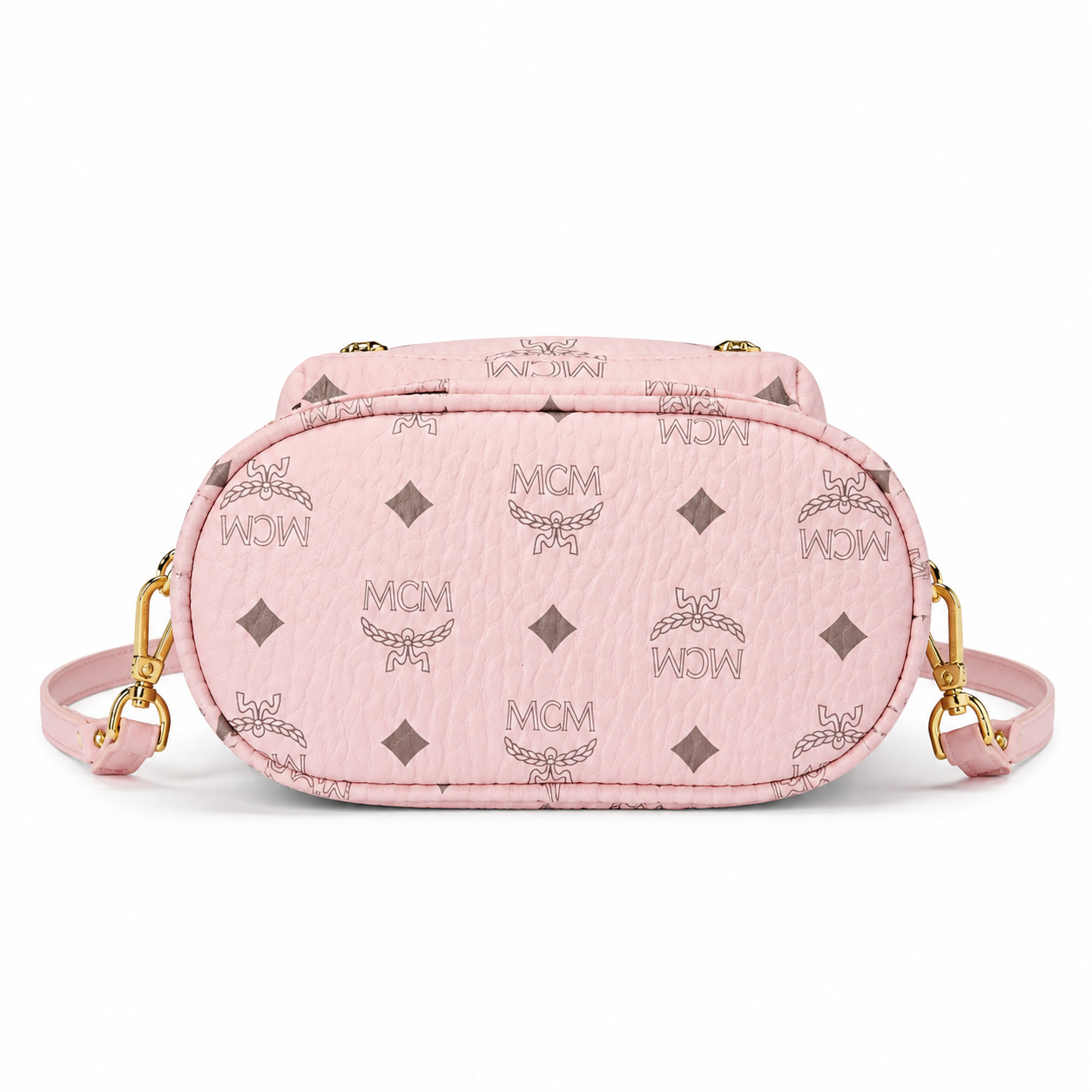 MCM Mini Stark Backpack in Blush Pink Visetos – Signature Monogram Leather Rucksack with Gold Hardware, 20x11x21cm