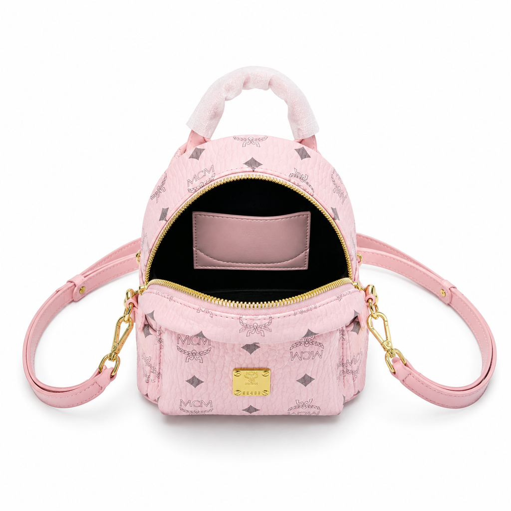 MCM Mini Stark Backpack in Blush Pink Visetos – Signature Monogram Leather Rucksack with Gold Hardware, 20x11x21cm