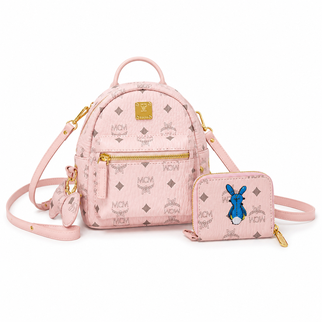 MCM Mini Stark Backpack in Blush Pink Visetos – Signature Monogram Leather Rucksack with Gold Hardware, 20x11x21cm