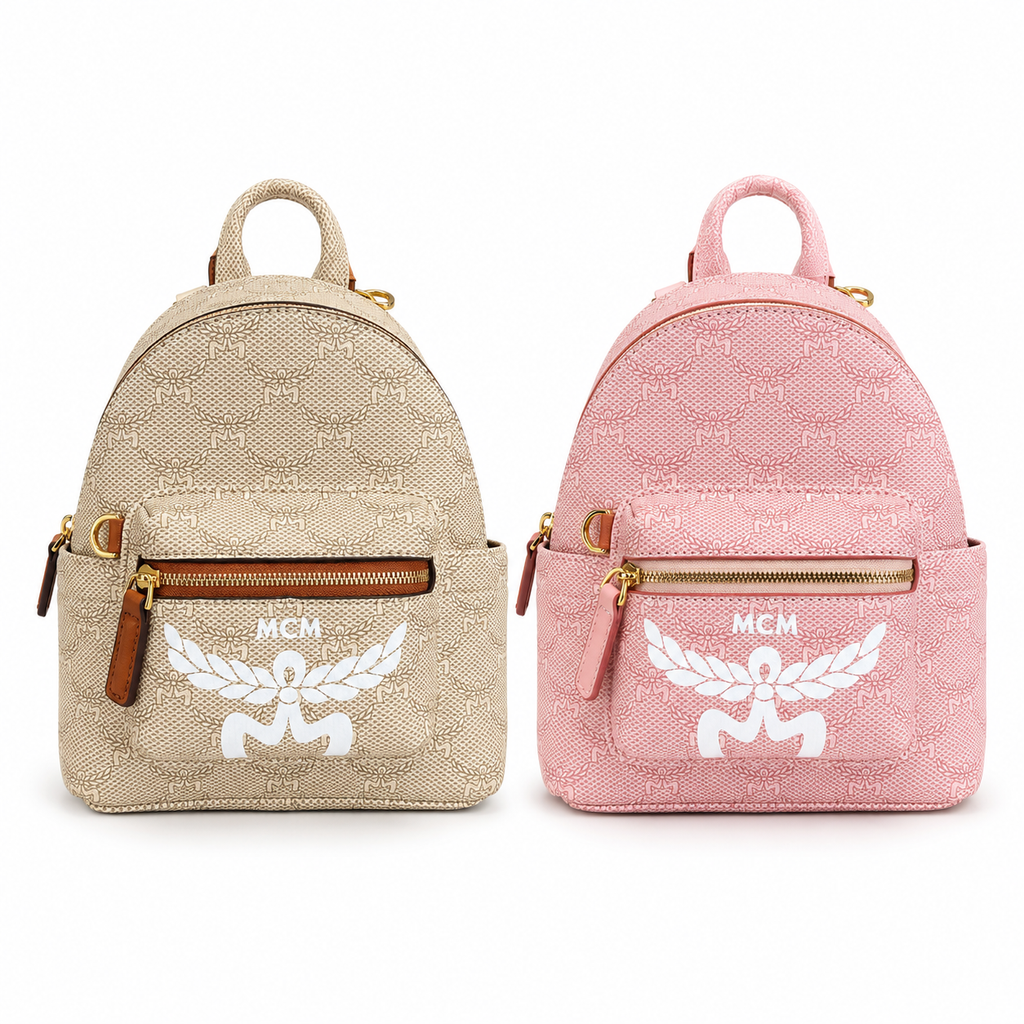 MCM Stark Mini Lauretos Backpack in Oatmeal Beige – Signature Monogram Coated Canvas with Large White Logo Print