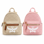 MCM Stark Mini Lauretos Backpack in Oatmeal Beige – Signature Monogram Coated Canvas with Large White Logo Print