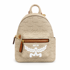 MCM Stark Mini Lauretos Backpack in Oatmeal Beige – Signature Monogram Coated Canvas with Large White Logo Print