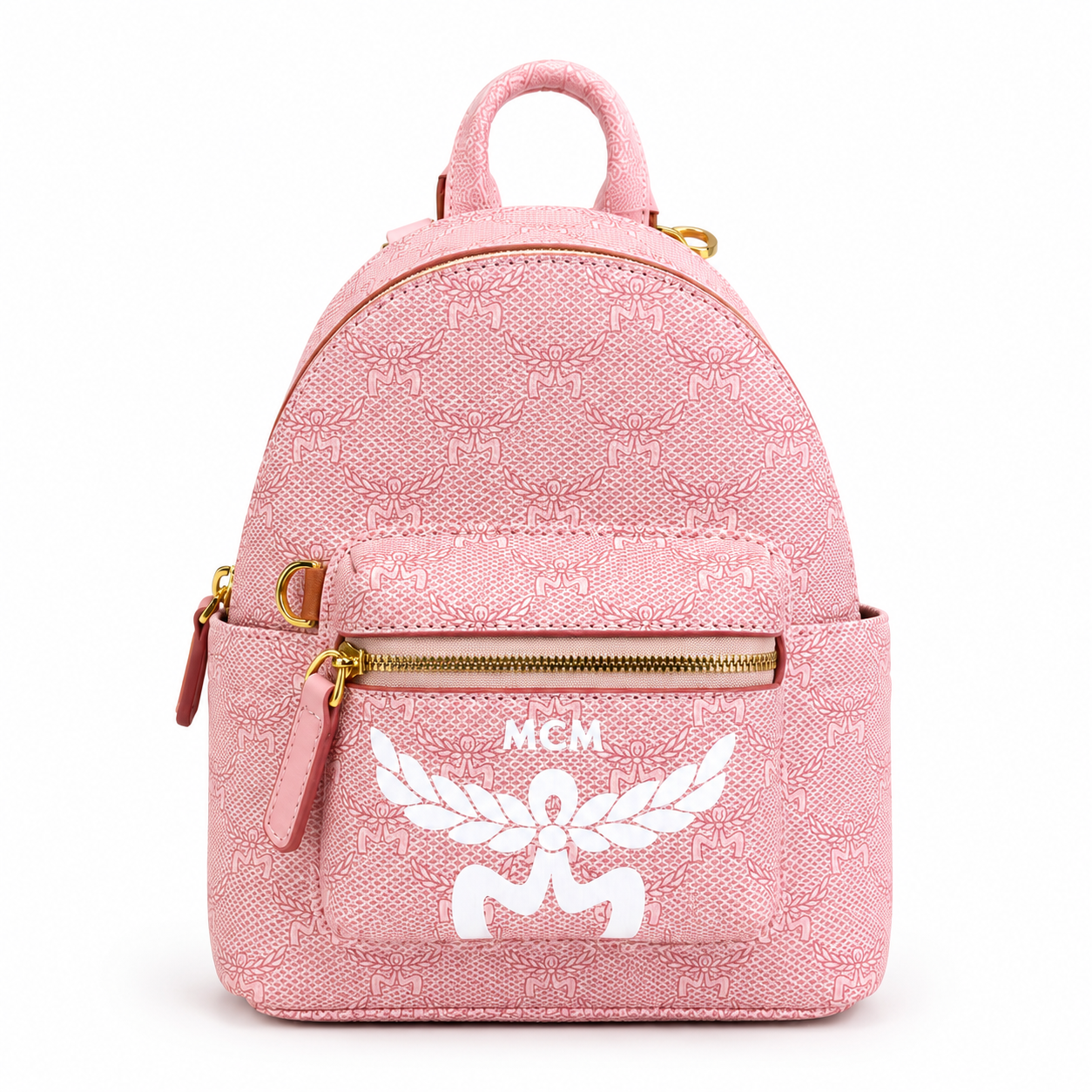 MCM Stark Mini Lauretos Backpack in Oatmeal Beige – Signature Monogram Coated Canvas with Large White Logo Print